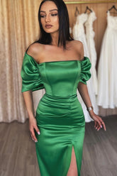 Look Stunning in this Emerald Off-the-Shoulder Long Evening Dress With Split